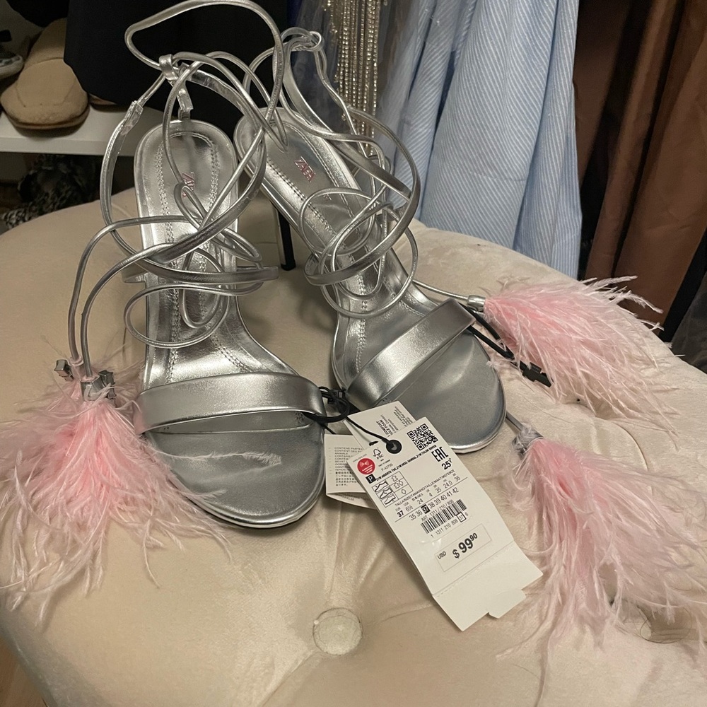 Zara Strappy Silver Heels with Pink Feather Detail